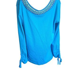 Womens XL Turquoise Top With Decorative Ribbon Chain at Neckline